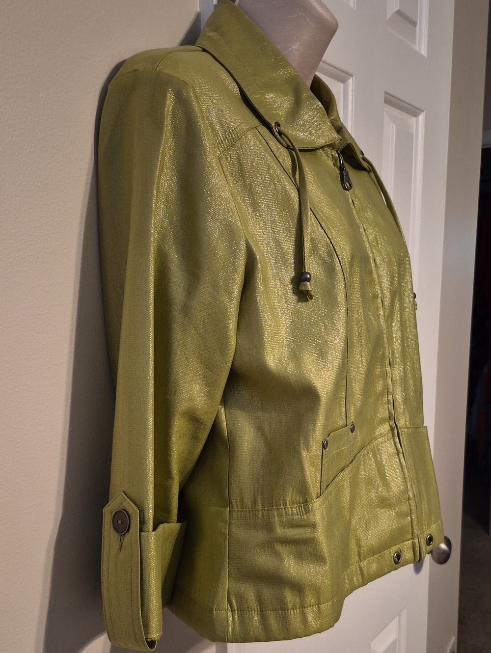 Ruby Rd. Shimmer Light Green Zip-Front Utility Jacket - Picture 4 of 8